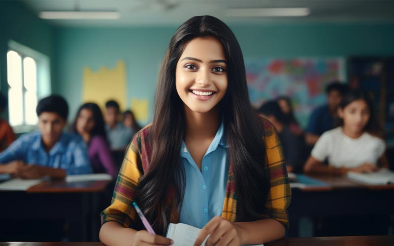 a girl smiling at a desk in a classroom, radiating happiness and enthusiasm for learning