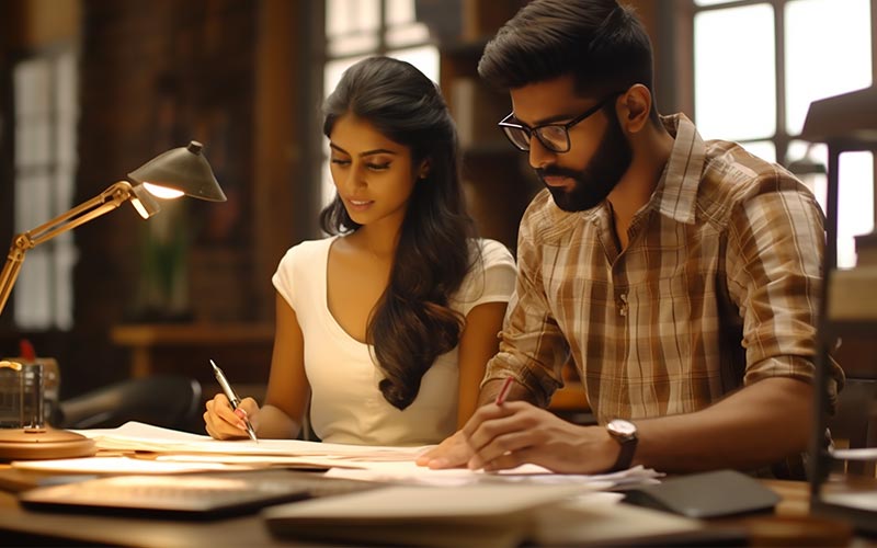 a girl and boy looking studying together