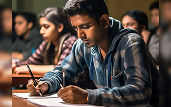 A student writing in a classroom surrounded by other students, engaged in their own tasks