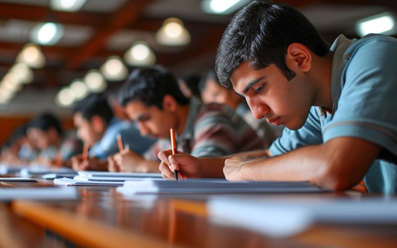 A diverse group of students sitting at a table, focused on writing notes during a study session.