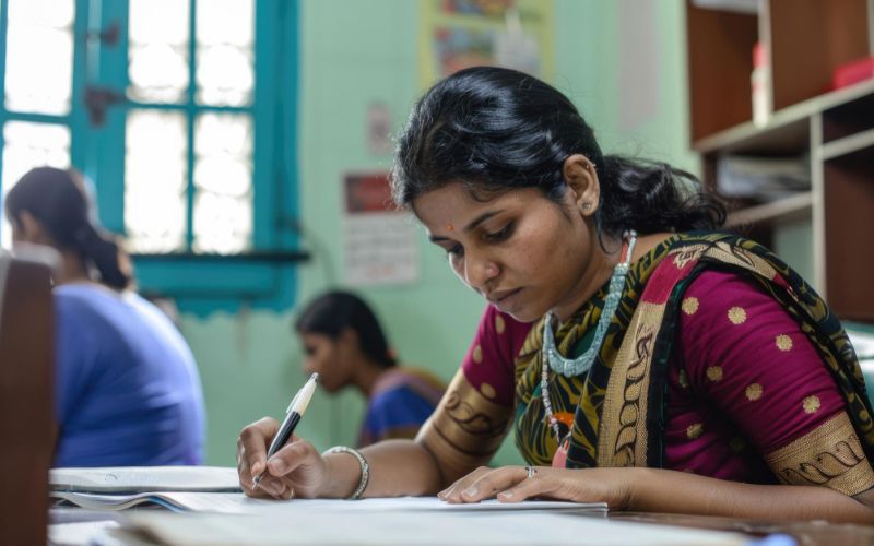 A woman in a sari writing on paper, focused and engaged in her government exam.