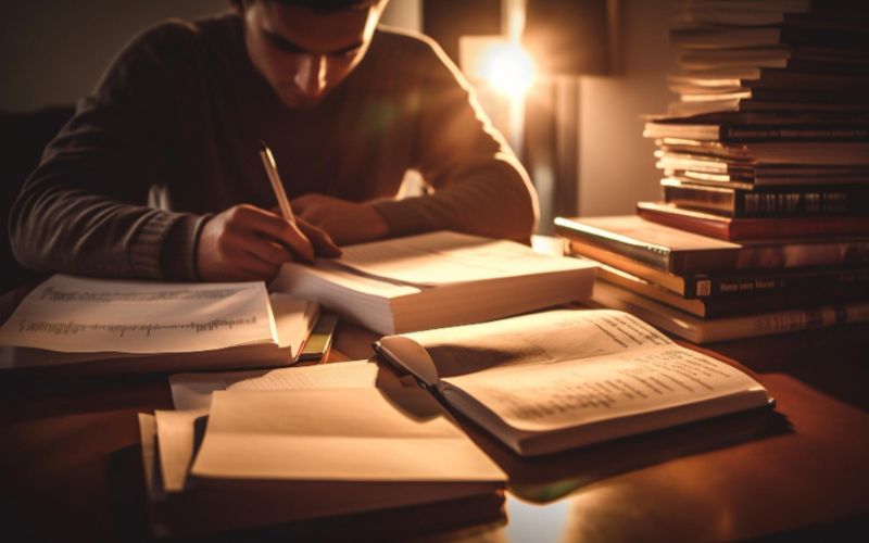 a man sitting at a table with a lamp, engrossed in writing in a book