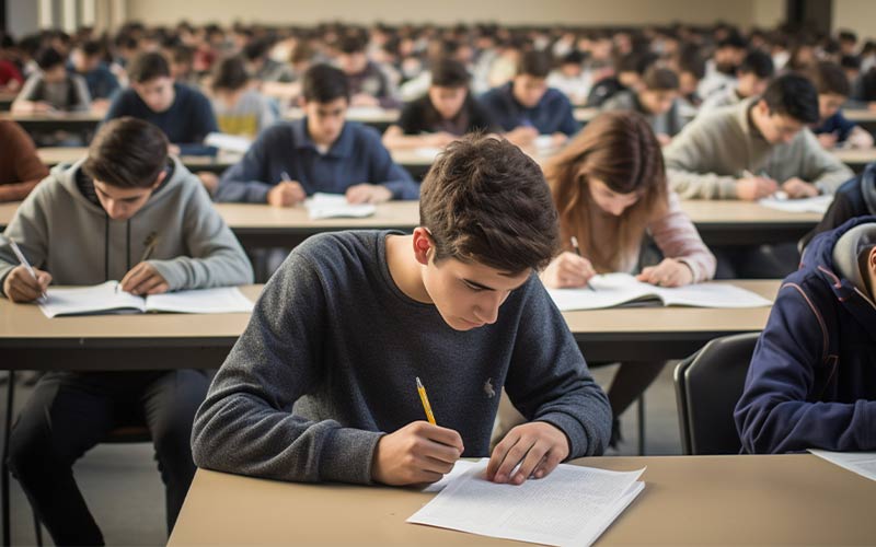 A diverse group of students attentively sitting at desks in a well-lit classroom, engaged in their studies.